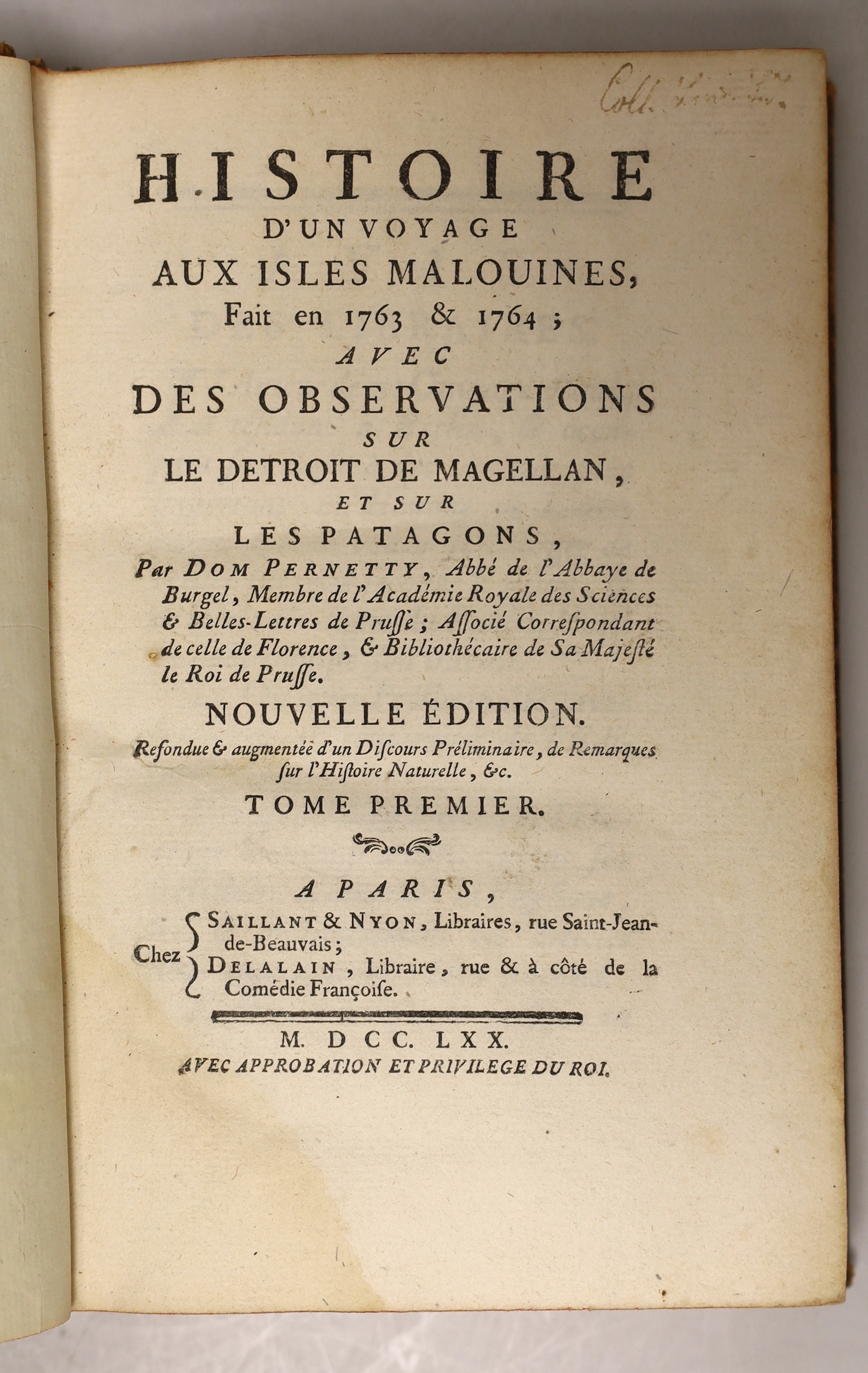 Pernetty, Dom - Histoire d'un Voyage aux Isles Malouines, fait en 1763 & 1764; avec des Observations sur le Detroit de Magellan, et sur les Patagons ... nouvelle edition, 2 vols. 16 folded plates (mostly natural history,